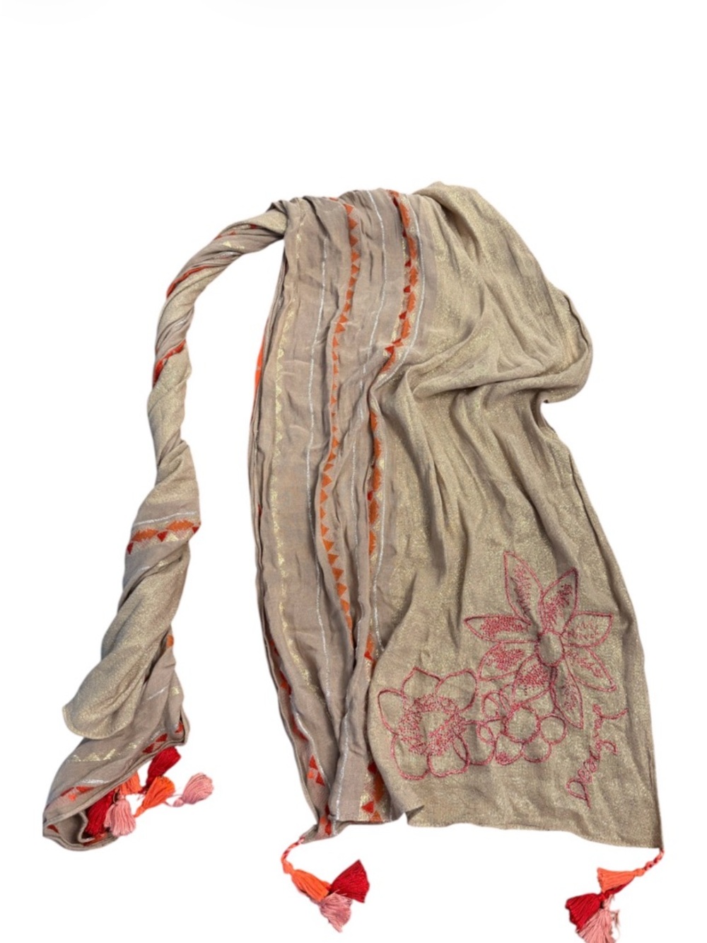 Desigual Beige Floral Embroidered Scarf w/ Gold Thread & Tassels – 78” x 22”